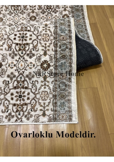 Merinos Çiçekli Otantik Krem Kahve Yeşil Kalın Kaymaz Taban Kesm Krem-yeşil