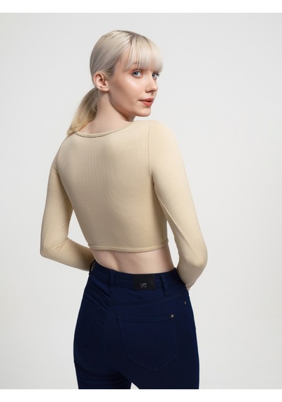 Crop Kadın Tshirt U.kol Bej