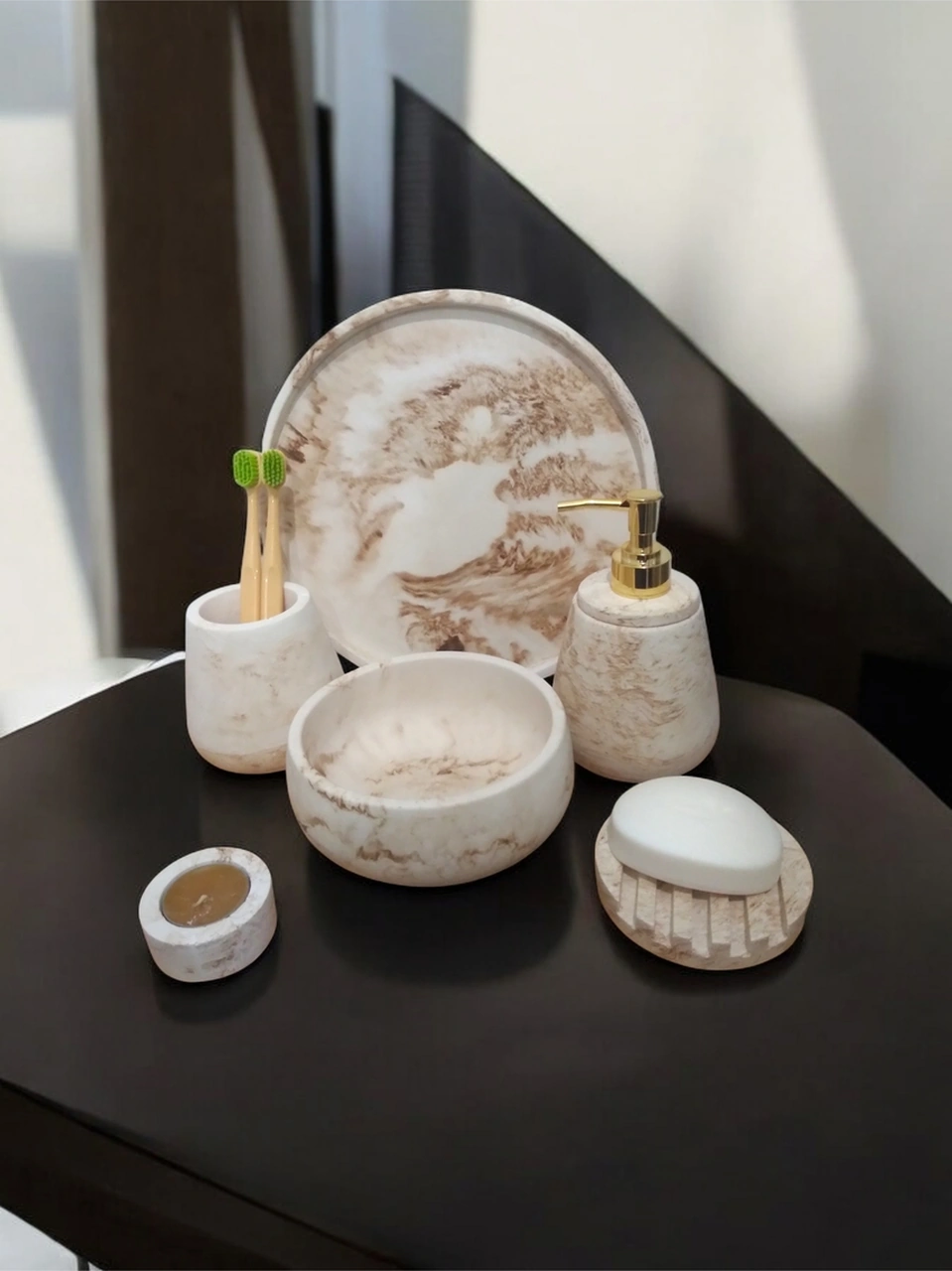 6'lı Mermer Desen Bej Beton Banyo Seti,sabunluk,diş Fırçalığı,tepsi,mumluk,havluluk, Aksesuar Bej