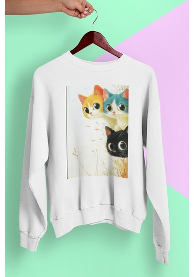 Magors Stıl-x Sevimli Kediler Baskılı Unısex Bisiklet Yaka Oversize Sweatshırt Beyaz