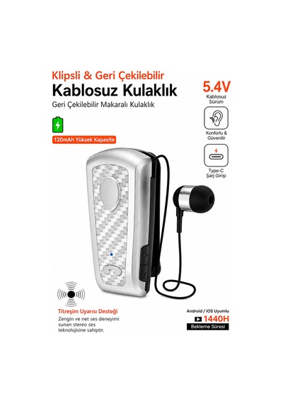Exenar - Gri - Titreşimli Kablosuz Makaralı Kulaklık Titreşimli Bluetooth Kulaklık 15 Saat