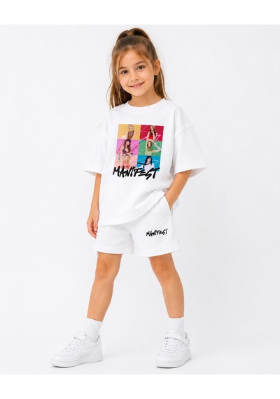 Fasardi Manifest Girls M6nifestgirls Baskılı Oversize Pamuk Tişört Şort 2'li Çocuk Takım Beyaz