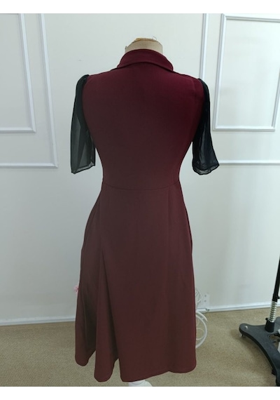 Efnaz Style Kadın Kısa Kollu Yakalı Önden Düğmeli Midi Ithal Krep Elbise Bordo