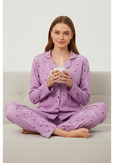 Süet Gömlek Pijama Takımı 7108 Çiçekli Pembe Pembe