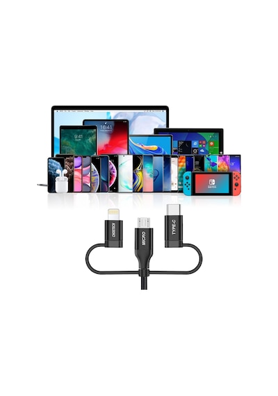 Choetech 3in1 Lightning + Usb-c + Micro Usb Hızlı Şarj Ve Data Kablosu - Mfı Lisanslı - Ip0030 - Siyah