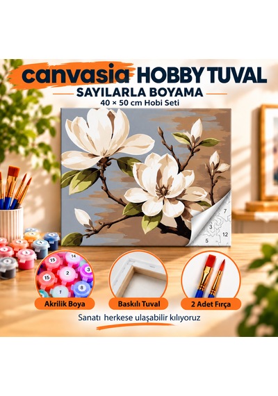Sayılarla Boyama Numaralı Tuval Seti Boya Fırça Dahil 40x50 Cm Beyaz Manolya