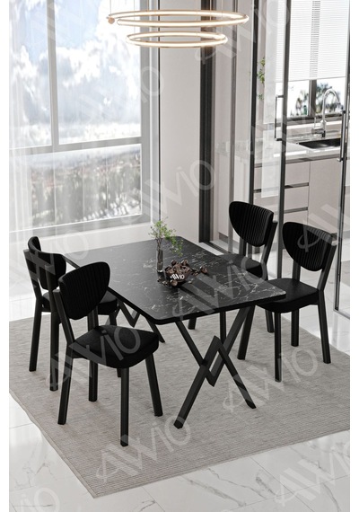 Avvio Vanensi Elma Sandalye 80x120 Yemek Masası Mutfak Masası 4 Kişilik Masa Sandalye Takım Siyah Mermer
