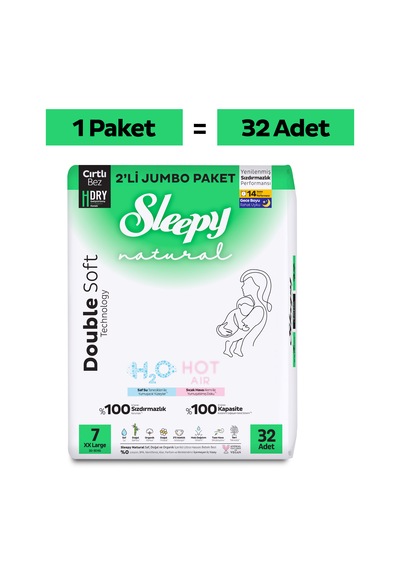 Sleepy Natural Double Soft Avantajlı Paket Bebek Bezi 7 Numara Xxlarge 32 Adet