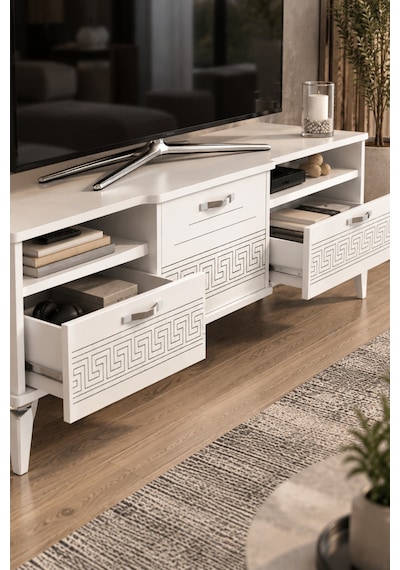 Sulorahome Gümüş Detaylı Beyaz Tv Sehpası 160 Cm Beyaz - Gümüş