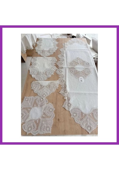 Bezos Salon Takımı Çeyizlik Krem Runner Set 5 Parça Keten Ranır Masa Konsol Sehpa Örtüsü Kartanesi Bty