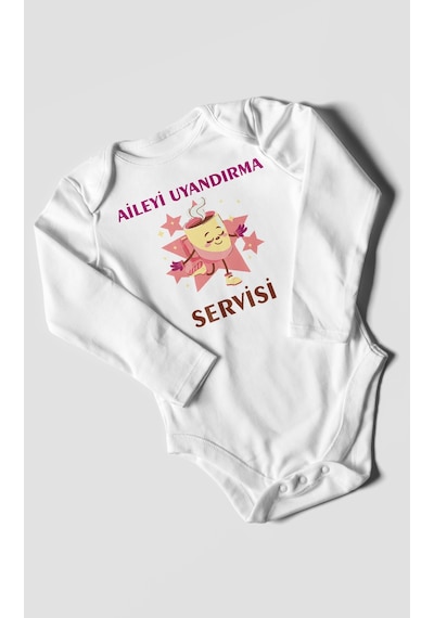Aileyi Uyandırma Servisi Baskılı Bebek Zıbını Çıtçıtlı Body %100 Pamuk Uzun Kol Beyaz