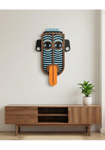 Modern Picasso Tarzı Ahşap Duvar Maske Mdf - Siyah Turuncu - Kırmızı Geometrik Tribal Mask 0