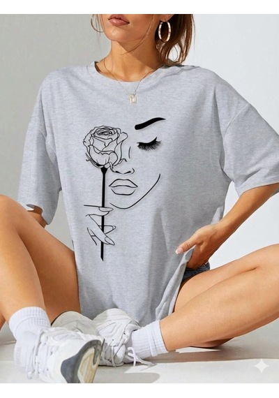 Uyguntarz Unisex Gül & Siluet Baskılı Tasarım Tshirt Gri