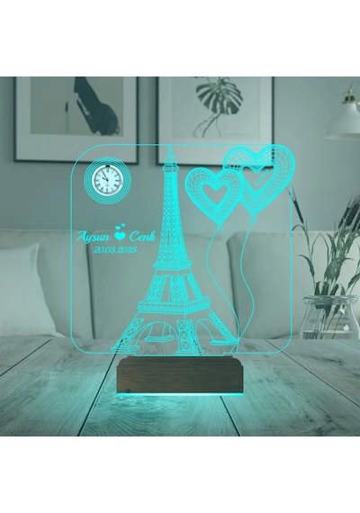 Luvivia Eyfel Kulesi Kalp Sevgiliye Hediye Kişiye Özel Metal Saatli 3d Lamba - Masa Gece Lambası