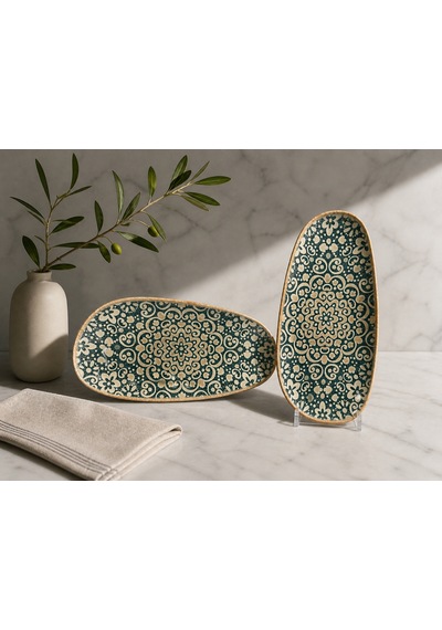2'li Şık Alhambra Vago Rectangular Plate 36 Cm Oval Servis / Sunum Tabağı/salata Tabağı Çok renkli