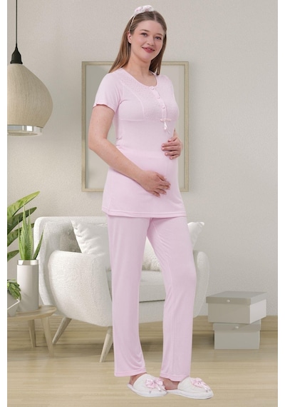Mecit Pijama Mecit 1541 Pembe Uzun Sabahlıklı Lohusa Pijama Takımı