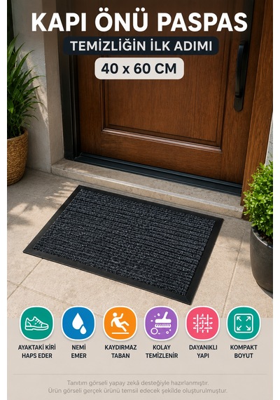 Gri Dış Mekan 40 X 60 Cm Kapı Önü Paspas Kaydırmaz Taban Nem Alıcı Kir Tutucu Ev Giriş Paspası