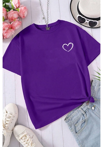 Unisex Hearts Baskılı Tasarım Tshirt Mor