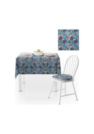 Yaprak Desenli Mavi Siyah Beyaz Dijital Baskılı Petek Dokuma Masa Örtüsü 140x220