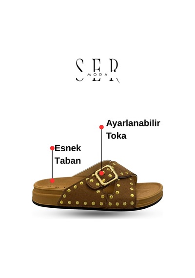 Sermoda Troklu Kadın Terlik - Tokalı Troklu Rahat Ve Esnek Taban Kadın Terlik Kahve