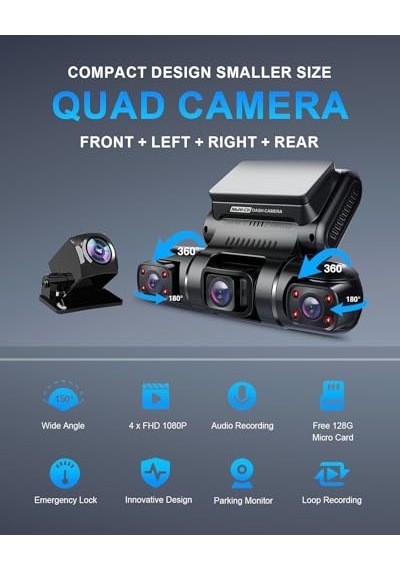 Dash Cam, 4 Kanallı Kamera Fhd 1080px4, Ön, Sol, Sağ Ve Arka, Ön Ve Arka İç, Dahili Gps Wifi, 256 Gb Max,  128 Gb Kart, D90-4ch