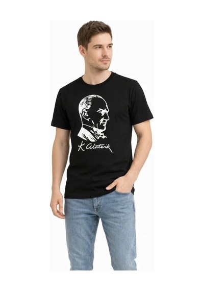 Efnaz Style Erkek Atatürk Baskılı Tişört Kısa Kollu Bisiklet Yaka T-shirt - Siyah