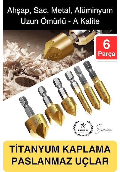 Premium Titanyum Kaplama 6'lı Kırılmaz Uçlu Paslanmaz Ahşap Sac Metal Havşa Açma Matkap Uç Seti