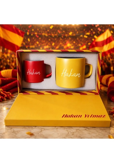 Bk Gift Kişiye Özel İsimli Kutulu Sarı Kırmızı Taraftar Renkleri Temalı İkili Seramik Kupa&fincan Seti-2 Çok Renkli