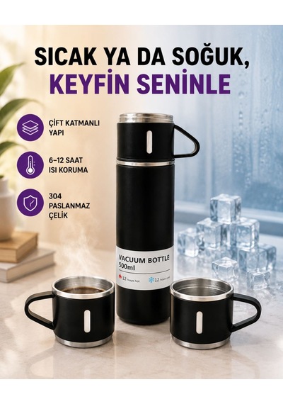 Paslanmaz Çelik Termos Seti 500 Ml Kapasite, 6-12 Saat Isı Koruma, Hediye Kutulu