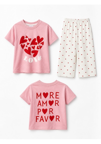 Baby Lory Kids Store Kız Çocuk Kalp Detaylı Pembe Takım Pembe - Beyaz