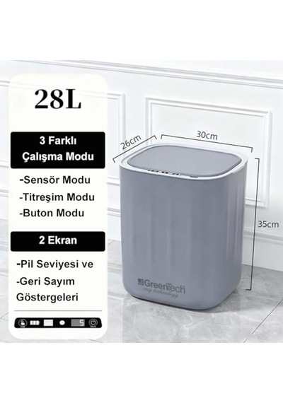 Greentech Sensörlü 28 Litre Çöp Kovası Şarj Edilebilir Lityum Pilli / Gt-sc07s Çok Renkli