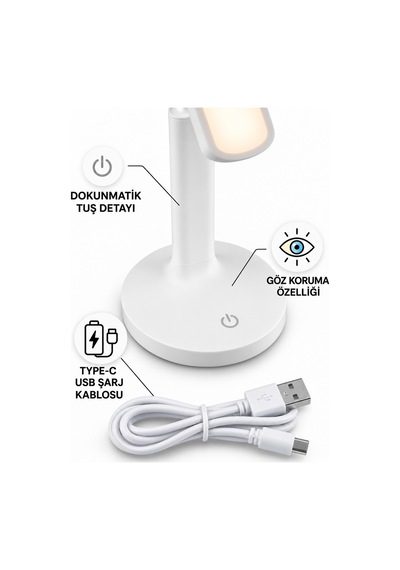 Şarjlı Dokunmatik Led Masa Lambası Type-c Esnek Boyunlu Ayarlanabilir Işık Modlu 45 Cm Beyaz
