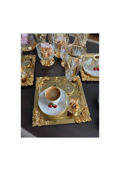 Komple Gold Detaylı 18/10 Çelik Kahve Sunum Tepsisi 6 Adet Altın