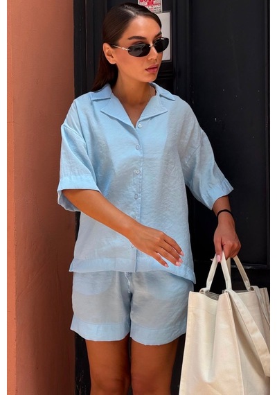 Madmext Bebe Mavisi Kısa Kollu Modal Gömlek Şort Takım Mg2739