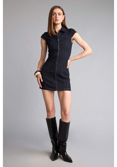 Defacto Gömlek Yaka Fermuarlı İndigo Mini Jean Elbise H6340ax26aunm82 Mavi-nm82