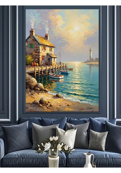 Ahşap Tablo Limanda Küçük Balıkçı Evi Yiyecek Ve İçecek Tabloları