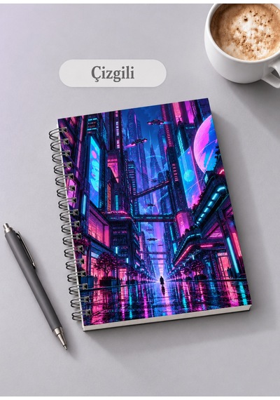 Neon Şehri Temalı 2'li Set A5 Metal Spiralli Çizgili-kareli Karton Kapak Neon Şehri Temalı 2'li Set A5 Çizgili-kareli Defter Çok Renkli