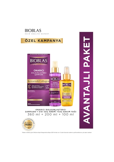 Keratin Kolajen Saç Bakım Yağı 100 Ml + Saç Bakım Şampuanı 360 Ml + Sıvı Saç Kremi 200 Ml