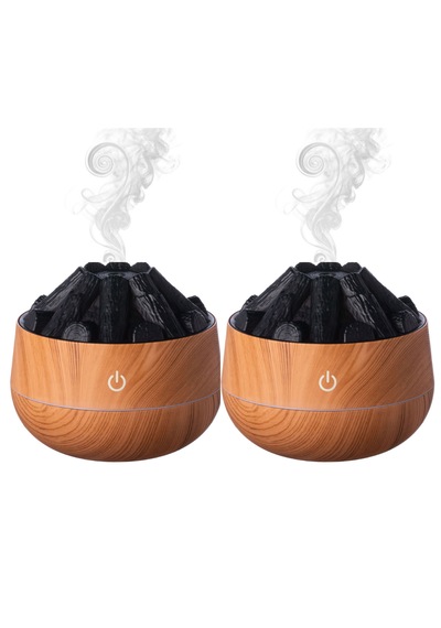 2 Adet Şömine Tasarımlı Usb Lı Led Aydınlatmalı Hava Nemlendirici,aromaterapik Hava Difüzörü,buhurdanlık,,sis Spreyli Gece Lambası, 300 Ml 10x10x10,3cm Açık Kahverengi