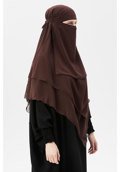 Altobeh Hazır Pratik Şifon Üç Katlı Peçeli Üçgen Hac Umre Şalı Sufle Hijab Nikap Kahve Rengi