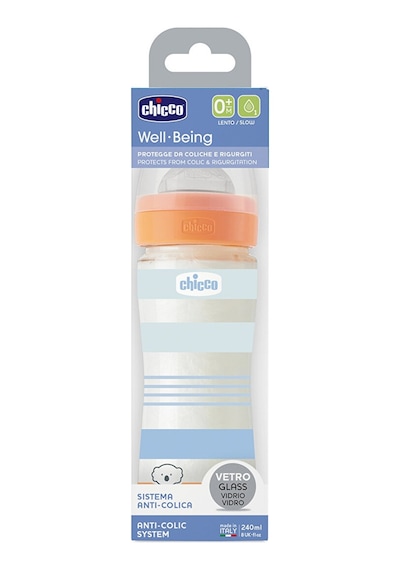 Chicco Wellbeing Yavaş Akış Mavi Cam Biberon 240 Ml 0+ Ay CHI-2872120000