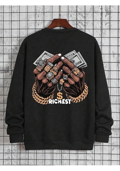 Rıchest Baskılı Bisiklet Yaka Siyah Sweatshirt - Oversize Unisex Kışlık Kalın Siyah