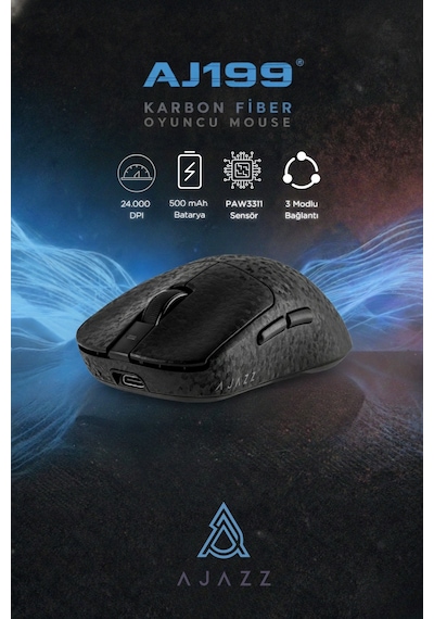 Aj199 Karbon Fiber 3 Modlu Ultra Hafif 24.000 Dpı, Oyuncu Mouse Paw3311 Sensör-500 Mah Batarya Diğer