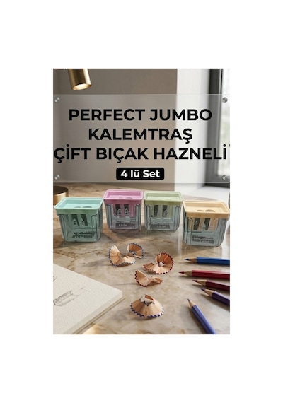 Kalemtraş 4 Adet Perfect Hazneli Çift Bıçaklı Jumbo Kalem Açacağı Plastik Kalemtıraş Kalem Traş Okul Sınıf