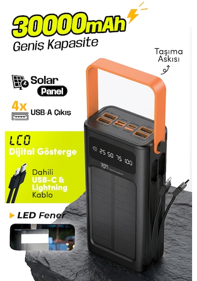 7go Gpw-03 30.000mah Solar Powerbank 4xusb-a, Qualcomm 3.0 Hızlı Şarj, Dahili Lightning & Usb-c Ka Siyah