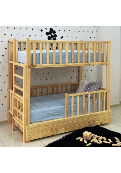 Markaawm Markaawm Montessori Yatak Merdivenli Ahşap Ranza Çekmeceli Akçaağaç