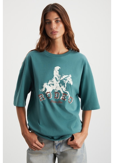 Grımelange Majer Kadın %100 Organik Pamuklu Western Tema Baskılı Regular Fit Yeşil T-shirt