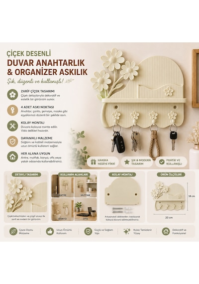 Çiçek Desenli Duvar Anahtarlık & Organizer Askılık Yeşil