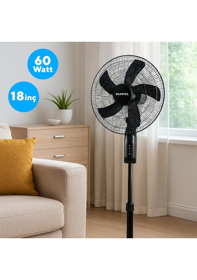 Kumtel KTF-395 Siyah 18 İnç Ayaklı Vantilatör 60 W, 5 Kanatlı, 3 Kademeli, 145 cm Ayarlanabilir Yükseklik
