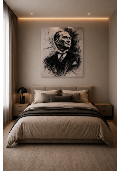 Tam Renk Atatürk Dekoratif Kanvas Duvar Tablosu Siyah